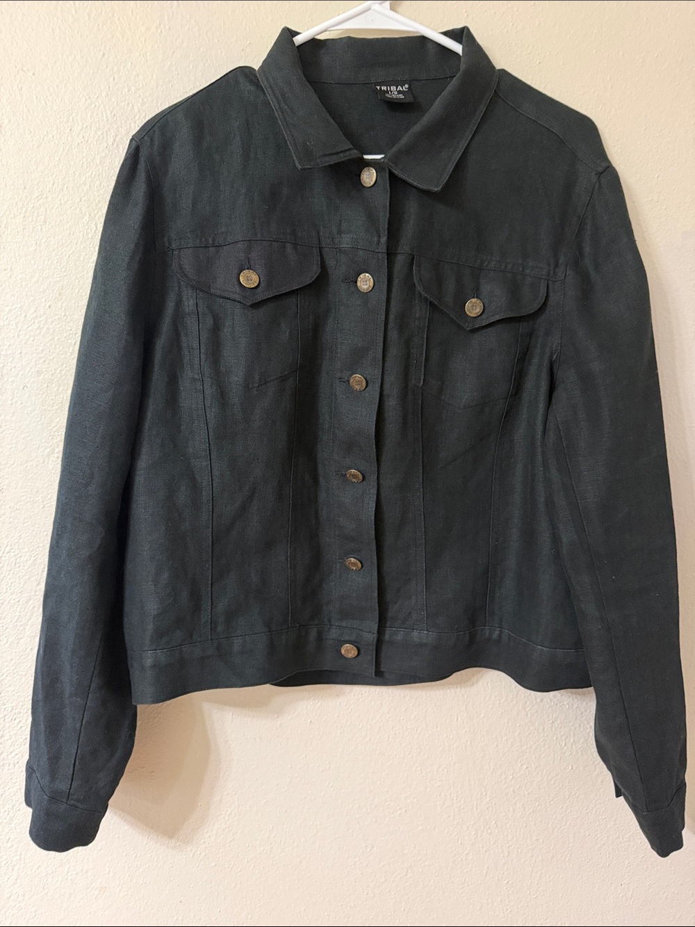 Tribal Black Button-Front Linen Jacket
